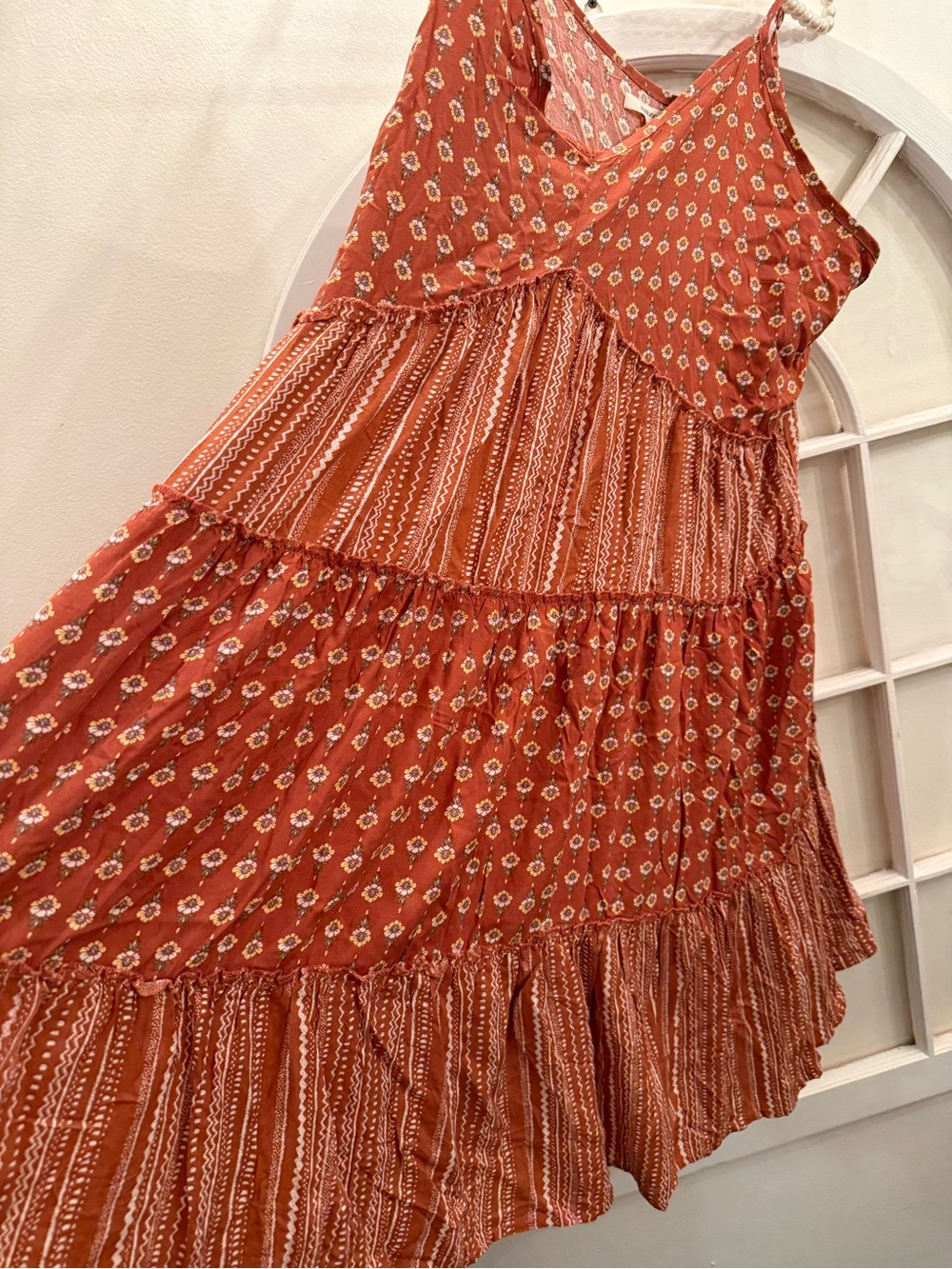 Maurices Terracotta Boho Mixed Print Tiered Cami Dress Tomato Girl  NWT